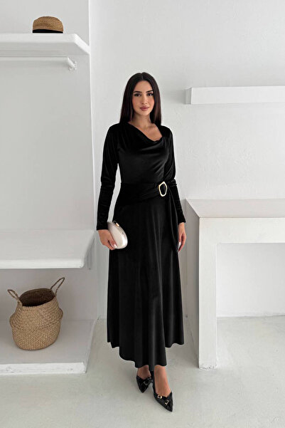 Neşeli Butik kadın asimetrik yaka bel tokalı kadife elbise NBK4366