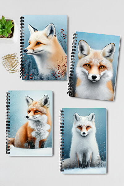 qoeuyl boutique Fox Winter Themed Design Wire Spiral A5 Unlined 4-Piece Souvenir, Memory, School Notebook Set