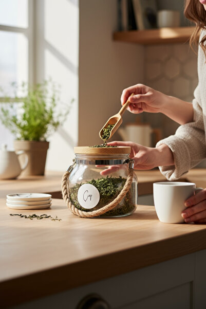 zezedesing Ahşap Kapaklı Hasır İpli Çay Kavanozu 1500ML