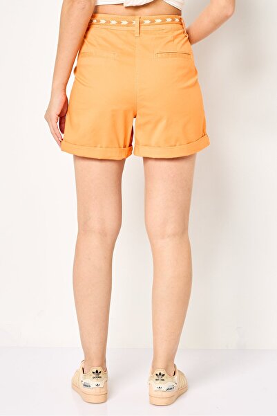PROMOD Women Plain Belted Basic Shorts, Orange
