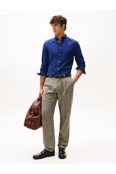 Tommy Hilfiger Erkek Regular Fit Esnek Pamuklu Göğüste TH Logo Bayrak İmzalı Uzun Kollu Mavi Gömlek MW0MW40469-C7G