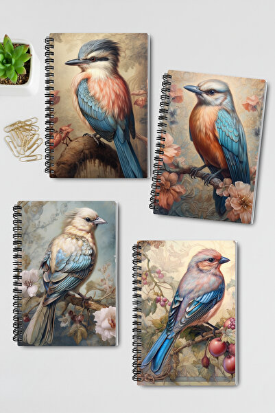qoeuyl boutique Vintage Bird Themed No:2 Design Wirebound A5 Unlined 4-Piece Souvenir, Memory, School Notebook Set