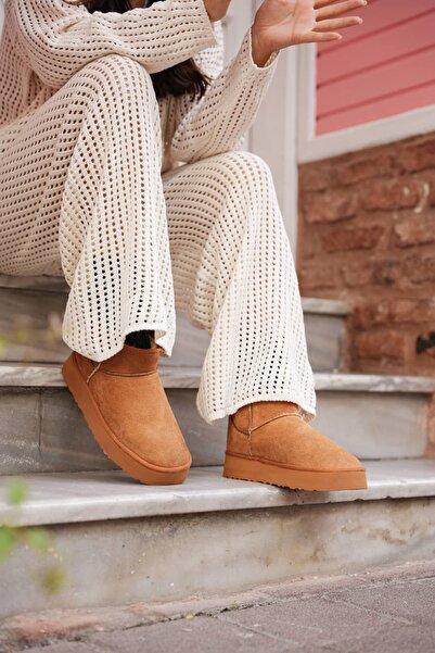 diclepolat Mini Taba Süet İçi Kürklü Kalın Taban Kadın Bot Soul