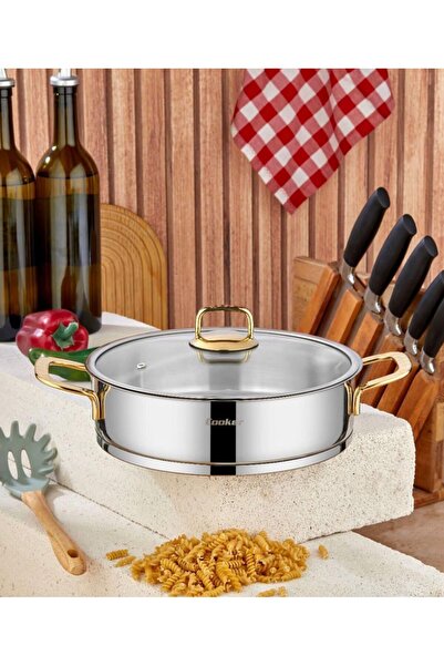 Cooker 28 cm Bomonti Stainless Steel Flat Pot with Gold Handle