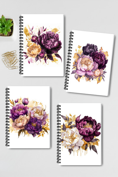 qoeuyl boutique Nature Themed Colorful Flowers Design Wire Spiral A5 Unlined 4-Piece Souvenir, Memory, School Notebook Set