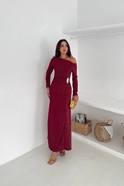 Neşeli Butik ženska haljina sa jednim ramenom i dugim rukavima Sa kopčom NBK4361