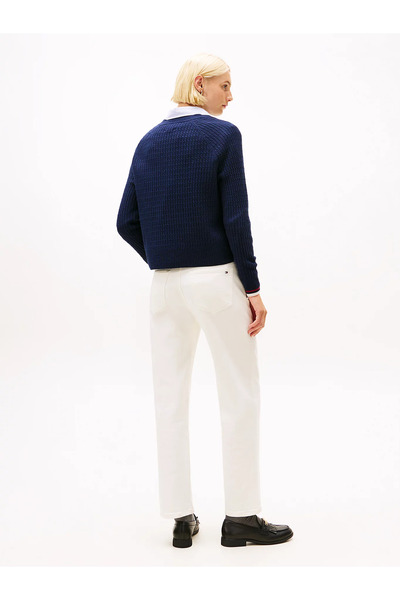 Tommy Hilfiger Kadın V Yaka Renkli Çizgili Uzun Kol Regular Fit Mavi Kazak WW0WW46417-0Z0