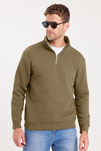 Tudors Unisex relax fit comfortable cut cotton fleece lined half zipper khaki high neck sweatshirt