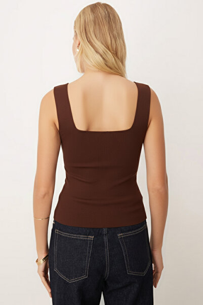 armonika Women's Dark Brown Thick Strap Ribbed Knit Blouse Arm-23Y069001