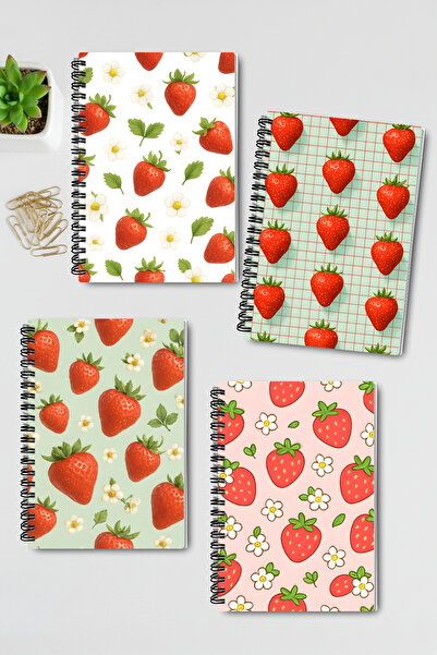 qoeuyl boutique Strawberry Themed Design Wire Spiral A5 Unlined 4-Piece Souvenir, Memory, School Notebook Set