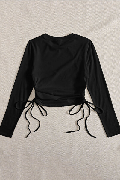 Tarz Cool Women's Black Drawstring Detailed Crew Neck Long Sleeve T-Shirt