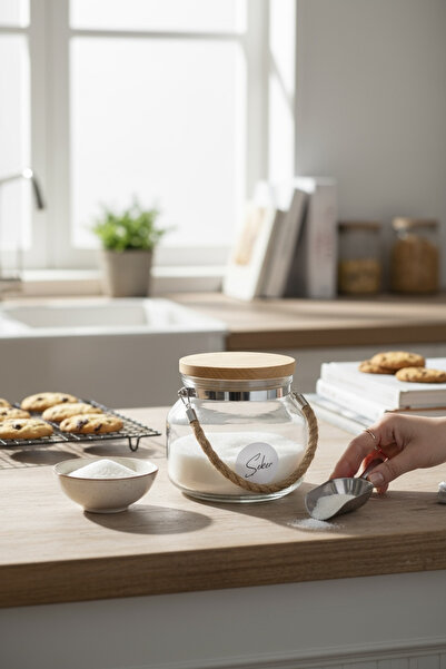 zezedesing Ahşap Kapaklı Hasır İpli Şeker Kavanozu 1500ML