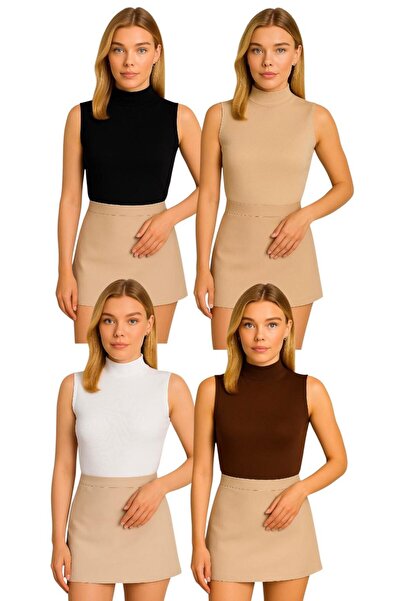 durustyle Kadın 4'lü Sıfır Kol Kolsuz Body Viskon Boğazlı Badi renk renk fark...