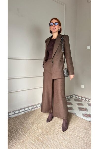 MSglame Kahverengi Astarlı Dirsek Detaylı Tek Düğme Kruvaze Blazer Ceket