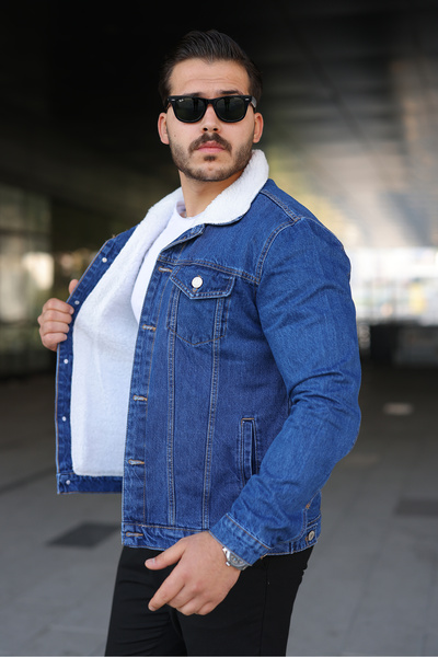 comstar Ανδρικό χειμερινό μπουφάν με επένδυση από γούνα, μπλε τζιν