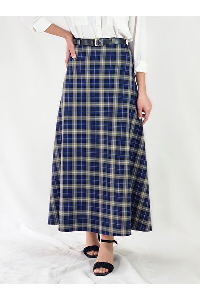 YAXİ Belt Detail Maxi Size Loose Blue Plaid Woven Skirt