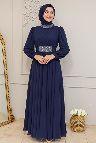 KADİR KORKMAZ GİYİM Lacivert Şifon Tesettür Abiye Elbise