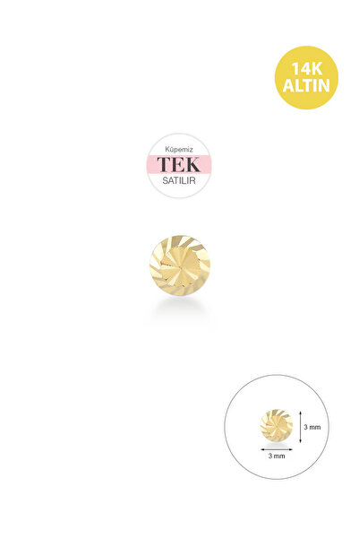 KURSHUNI Taşsız Shiny Top (3mm), 14 Ayar Altın Küpe (Tek Satılır)