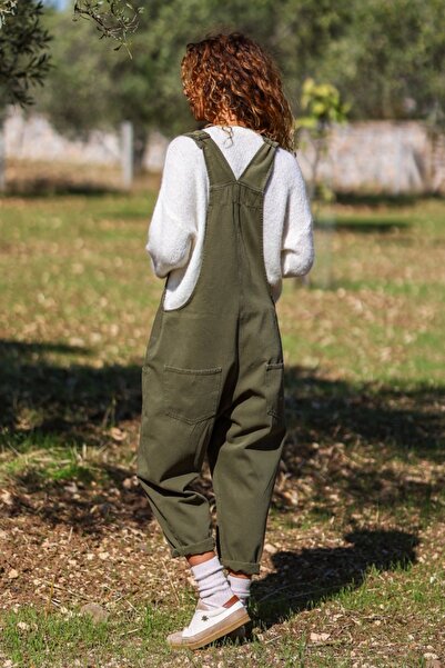 Güneşkızı Khaki Buttoned Collar Strap Pocket Washable Cotton Loose Jumpsuit 120 50