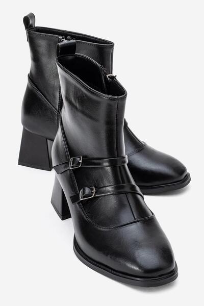 CCWAY AYAKKABI Sade Çift Tokalı Küt Burunlu Topuklu Bot SİYAH CİLT