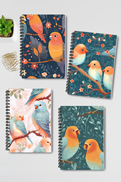 qoeuyl boutique Little Birds No:3 Design Wire Spiral A5 Unlined 4-Piece Souvenir, Memory, School Notebook Set