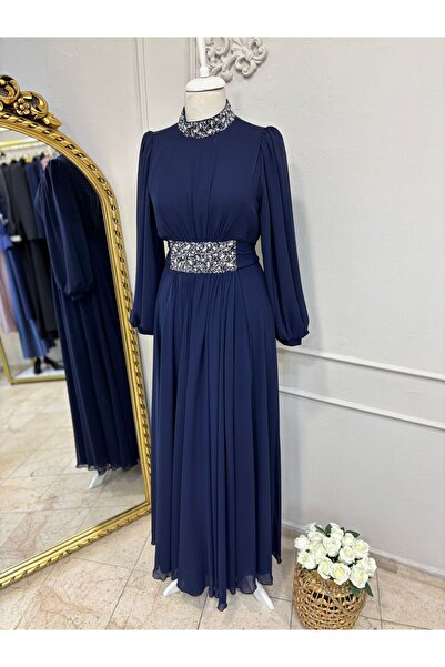 KADİR KORKMAZ GİYİM Lacivert Şifon Tesettür Abiye Elbise