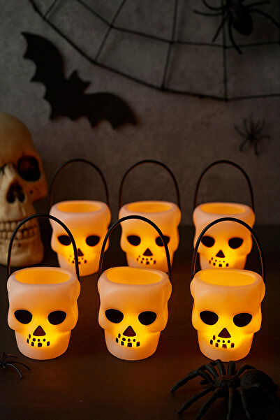 DODOMAR Halloween Cadılar Bayramı Kuru Kafa Modelli Mumluk 8 Cm x6 adet Beyaz...