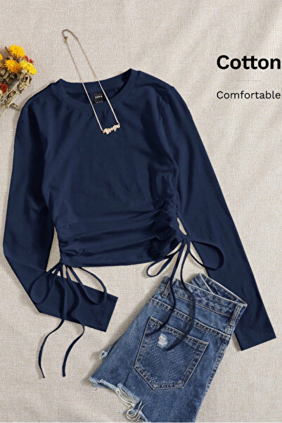 Tarz Cool Women's Navy Blue Drawstring Detailed Crew Neck Long Sleeve T-Shirt