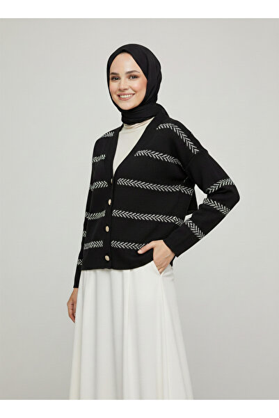 BENAHOLL Gavira Striped 5 Gold Button Cardigan-Zi̇5214 Black