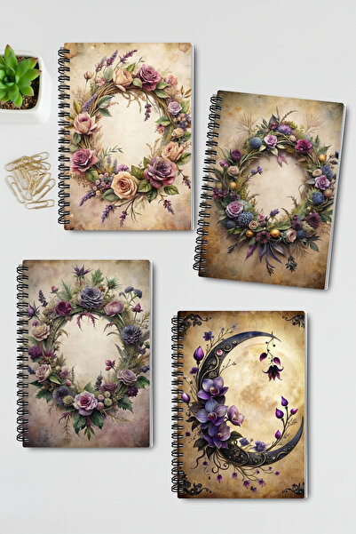 qoeuyl boutique Gothic Floral Themed Design Wire Spiral A5 Unlined 4-Piece Souvenir, Memory, School Notebook Set