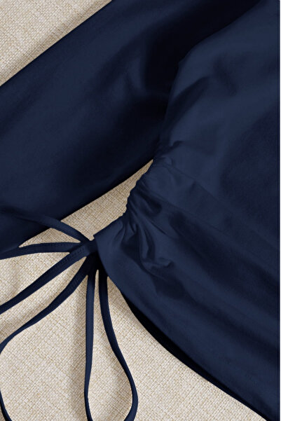 Tarz Cool Women's Navy Blue Drawstring Detailed Crew Neck Long Sleeve T-Shirt