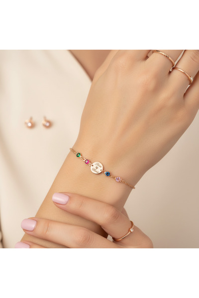 925 Ayar Gümüş 14 Ayar Altın Kaplama Kişiselleştirilebilir Doğum Taşlı Bileklik Rose