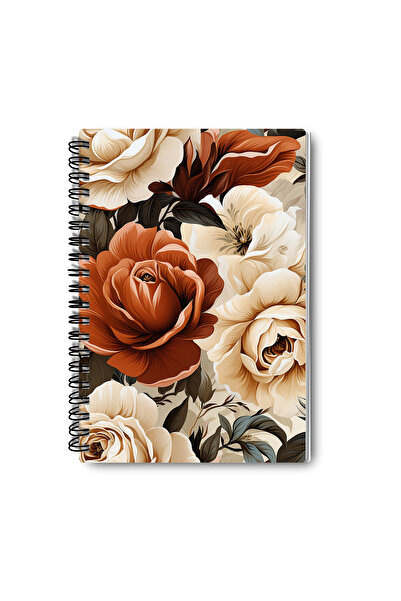 qoeuyl boutique Beige Roses No:2 Design Wire Spiral A5 Unlined 4-Piece Souvenir, Memory, School Notebook Set