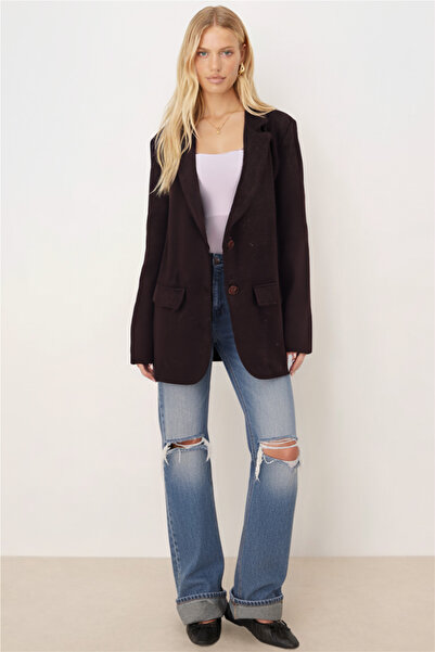 armonika Kadın Acı Kahve Erkek Yaka Cep Kapaklı Vatkalı Oversize Kaşe Ceket ARM-26K001044