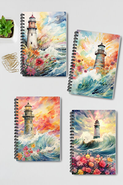 qoeuyl boutique Set de caiete cu tematică oceanică, design far, spirală de sârmă, A5, fără linii, 4 bucăți, suvenir, memorie, caiet de școală