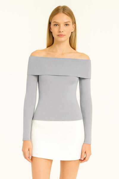 gigigiyim Corded Fabric Madonna Collar Women's Blouse Gray