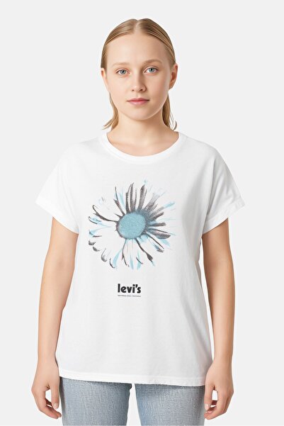 Levi's تي شيرت مطبوع بأكمام قصيرة ورقبة دائرية للفتيات الصغيرات، أبيض