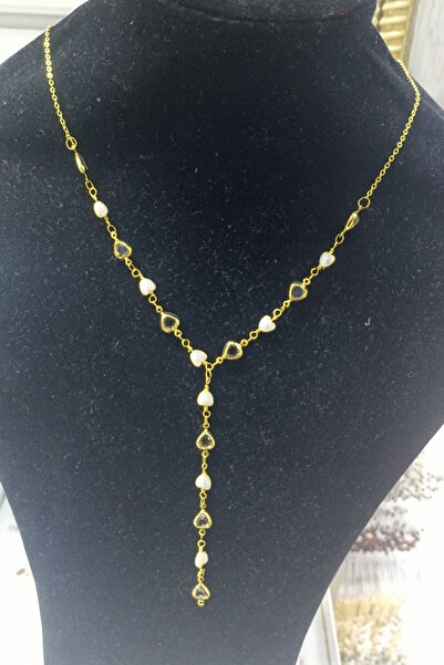 BESMYAR JEWELS Altın Renkli Kalpli Kolye-İncili Y Kolye-Zarif Kalp Figürlü Uzun Kolye -Şık abiye ve Günlük Kolye