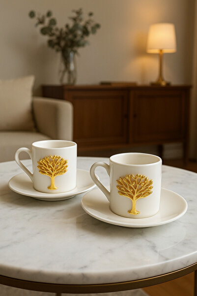 YzHome 2-Person White Porcelain Tree of Life Coffee Cup Set Presentation Cup 90ml