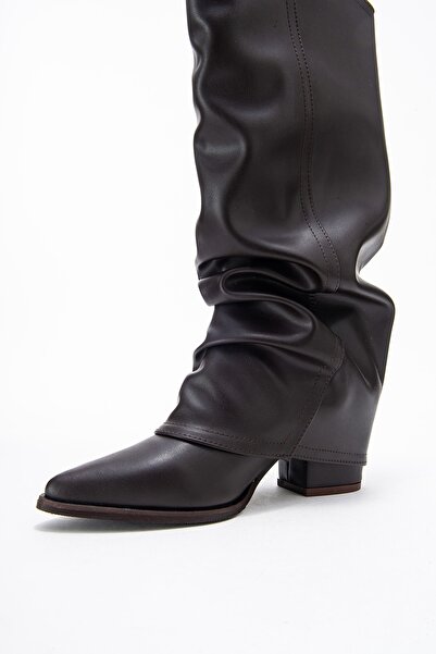 LuviShoes ELARIS Kahverengi Cilt Körüklü Kadın Kalın Topuklu Çizme