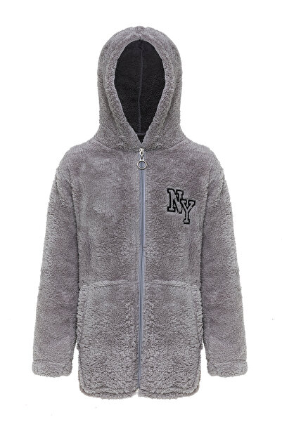 EtkiModa Boy's Gray Hooded Plush Jacket