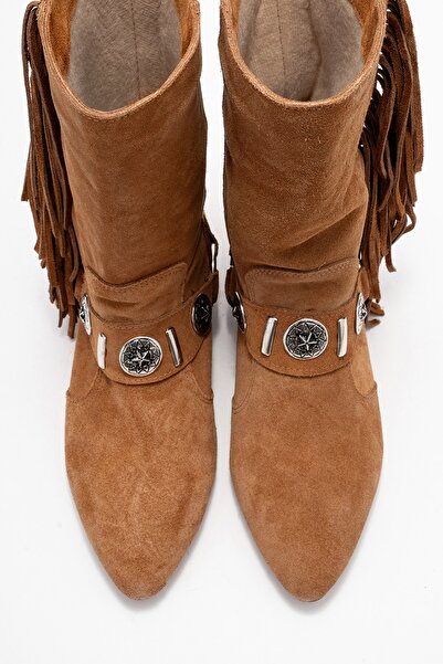 LuviShoes Γυναικείες μπότες Western SELORA Tan Suede με φούντες από γνήσιο δέρμα με αγκράφα