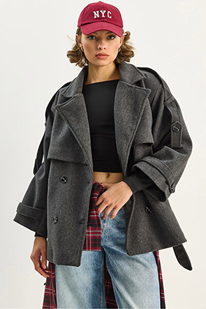 Bianco Lucci Women's Epaulet Detailed Lined Belted Pocketed Short Cashmere Coat 2026 60283711