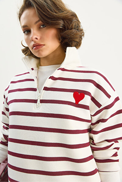 Bianco Lucci Kadın Kalp Nakışlı Dik Yaka Yarım Fermuarlı Çizgili Sweatshirt 6089 60283714