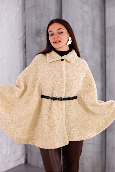 PENGORA Poncho de pluș cu centură alb pentru femei