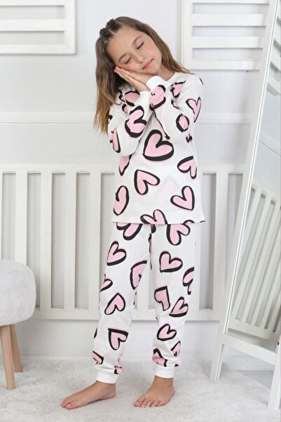 Fidekids Girls' Heart-Patterned 100% Cotton Pajama Set Stylish Design Comfortable Wear