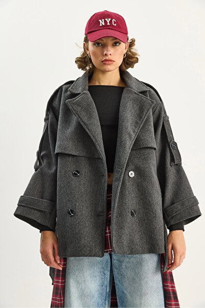 Bianco Lucci Women's Epaulet Detailed Lined Belted Pocketed Short Cashmere Coat 2026 60283711