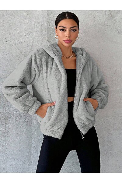COOLHILL Briar Women's Light Gray Oversized Hooded Plush Jacket
