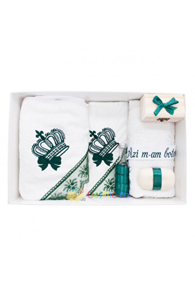 OEM Trusou botez cu 7 piese, cu broderie - Coroana Regala, Verde - TPB-253