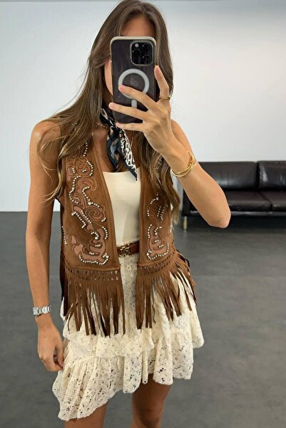 DİMA Laser Stone Detailed Tasseled Suede Vest